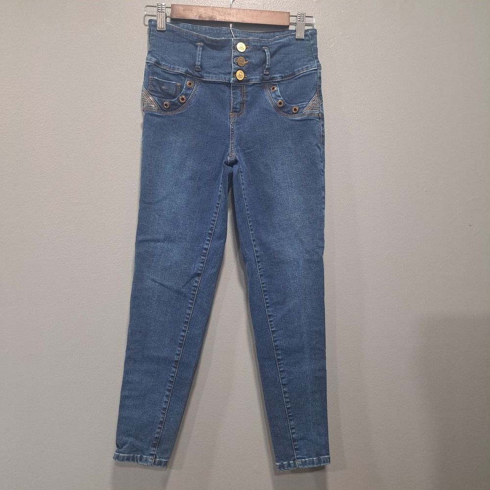 Soda High Waisted Skinny Jeans Medium Wash Triple Button Grommet Detail Size 31